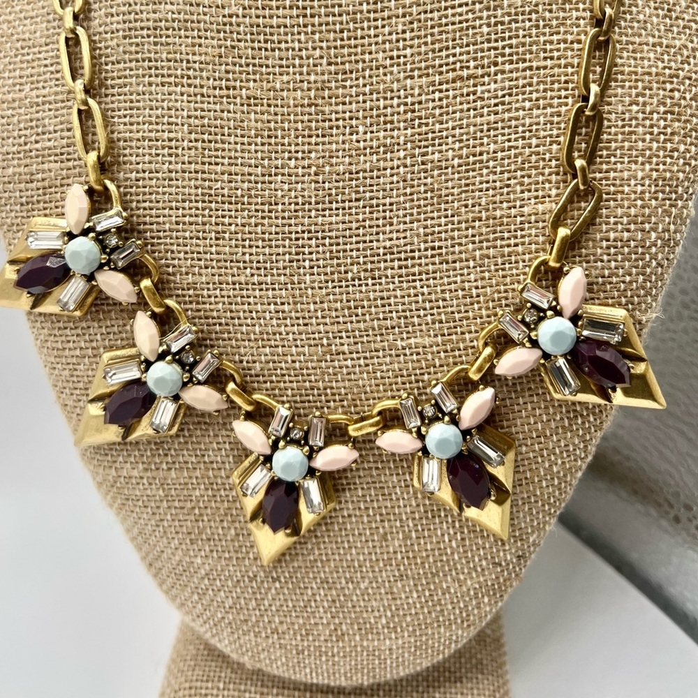 J. Crew Art Deco Necklace w/Pink,Blue,Plum & Clear Faceted Rhinestones
